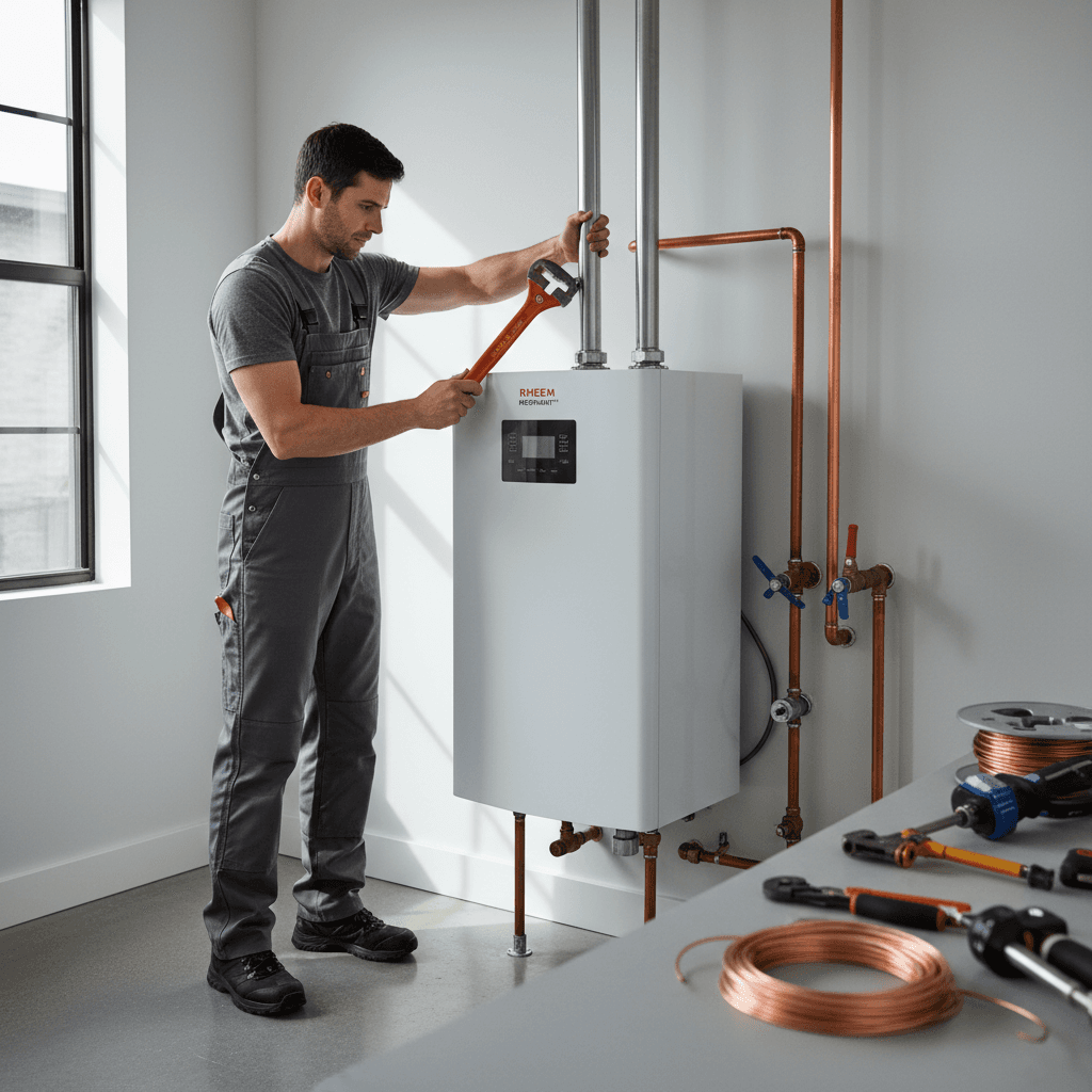 Plumber installing a heat pump water heater in a utility room