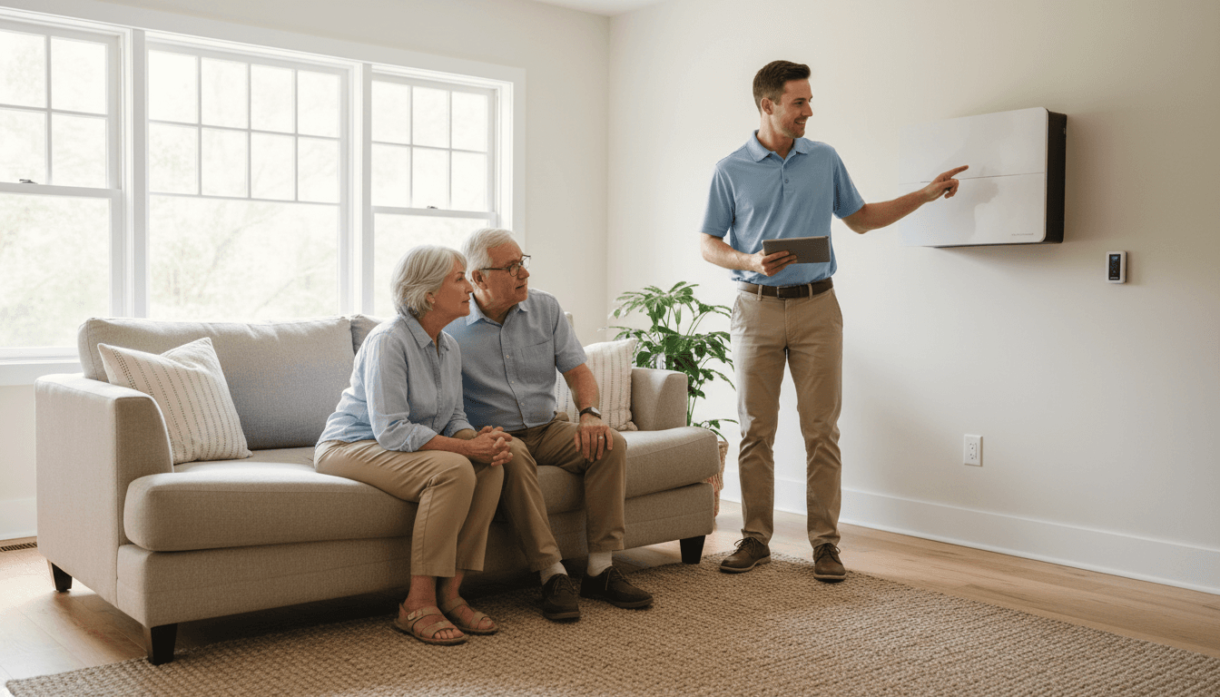 ClearVolt coordinator discussing an energy upgrade with homeowners in their living room