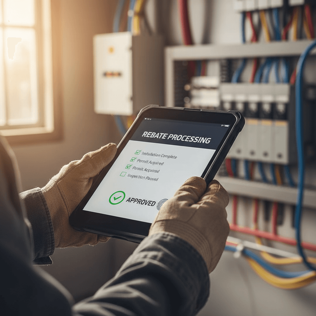 Contractor hands reviewing rebate paperwork on a tablet
