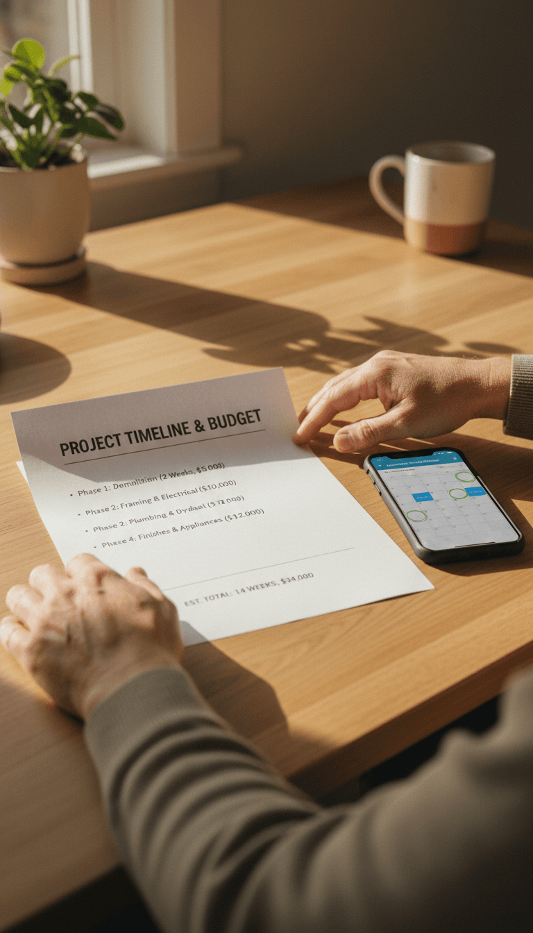 Homeowner reviewing electrification project timeline and cost breakdown